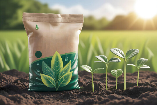 Fototapeta A bag of fertilizer stands next to young plant sprouts in rich soil, with a lush green field and sun in the background. Ideal for agriculture and gardening themes