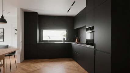 Modern kitchen with black cabinets and wooden floors, showcasing minimalist elegance and natural warmth.