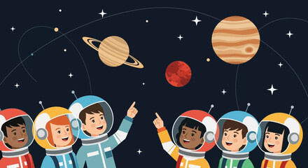 Naklejka premium Children Astronauts Discovering Planets In Space Cartoon Illustration Vector