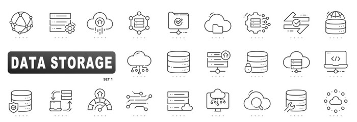 Editable stroke line icons illustrating cloud storage, database security, server performance, network connectivity and data backup for digital infrastructure system