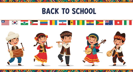 Diverse Musical Celebration Of Back To School With Flags From Around The World