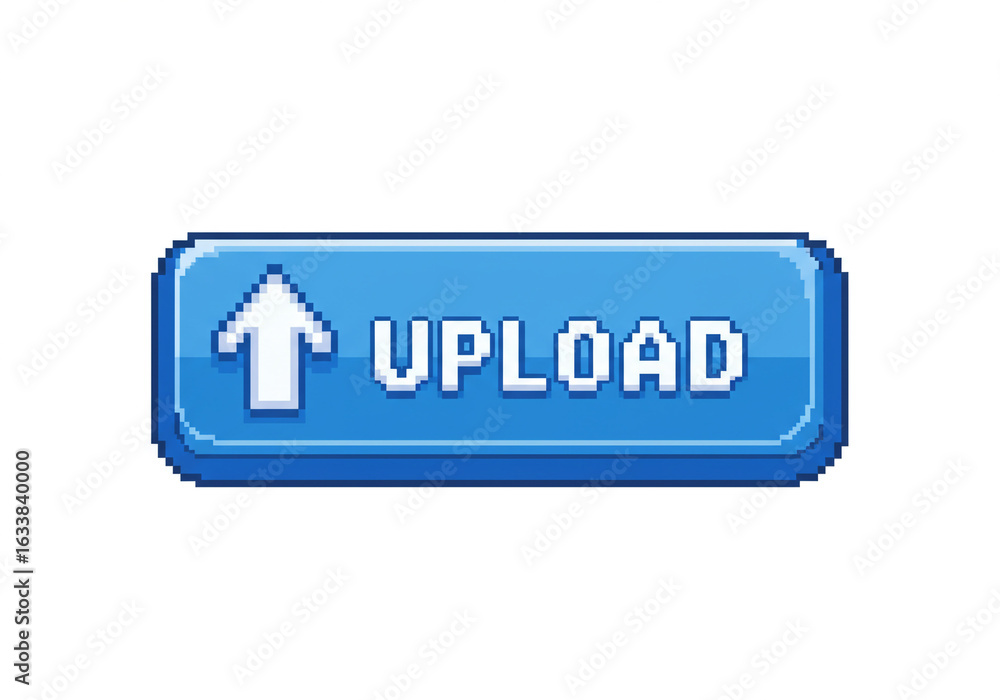Poster a pixelated blue upload button with a white arrow pointing upwards on a white background view