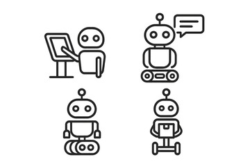 Service and Companion Robot Icons Outline Set. Touchscreen Panel Robot, Speech Bubble Communication Bot, Wheelbase Delivery Robot, Modern Vector Technology Symbols for AI Automation Concepts