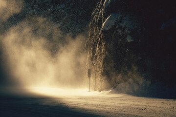 Snowy landscape, sunlit path, blizzard