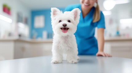 Small white dog standing on examination table with female veterinarian