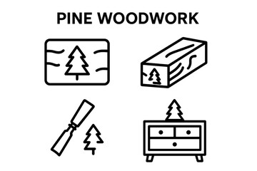 Pine Woodwork Icons Set. Outline Vector Illustration of Pine Tree Carpentry Uses Including Pine Plank, Wooden Beam, Carving Chisel, and Pine Furniture. Lumber, Timber, Hand Tool Concepts