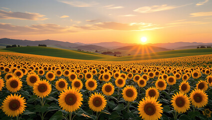 Obraz premium Vast field of sunflowers at sunset with rolling hills and warm golden light