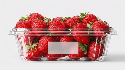 Clear plastic container filled with fresh strawberries, complete with a blank label area for custom branding.