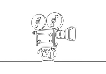 A continuous line drawing of a vintage film camera on a tripod against a white background