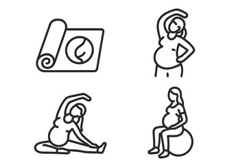 Prenatal fitness outline icon set. Pregnant woman exercising yoga, prenatal yoga mat, stretching poses, sitting on gym ball. Maternity exercise, healthy pregnancy, vector illustration, body care