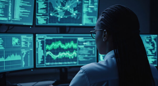 Female Cybersecurity Analyst at Workstation