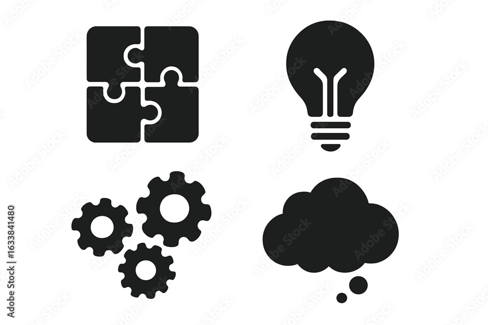 Poster problem solving and brainstorming icons set. solid filled vector collection featuring puzzle piece, 
