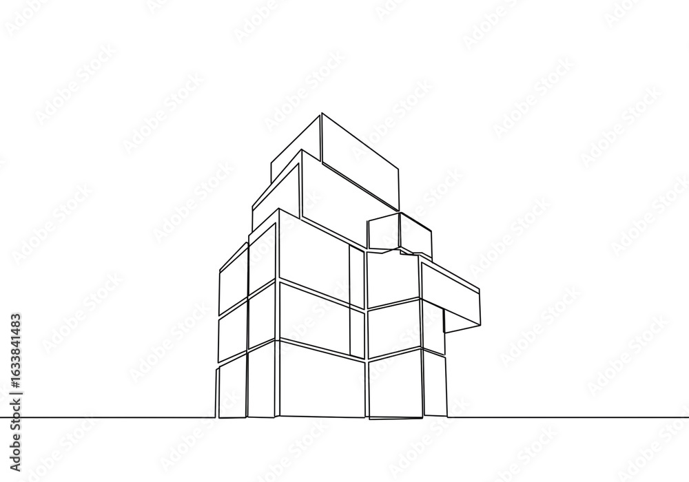 Poster a minimalist line drawing of a modern building with stacked rectangular blocks in black and white