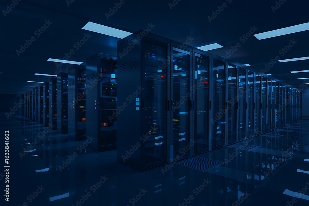 Poster rows of illuminated server racks in a dark data center with blue lighting server room technology