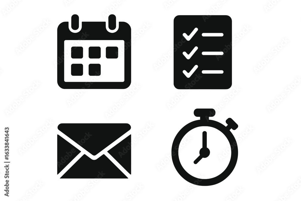Poster productivity and communication app icon set. solid filled vector collection featuring calendar, chec