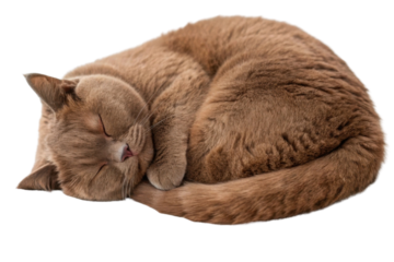 British Shorthair cat peacefully sleeps in cozy curled position, showcasing its soft fur and relaxed demeanor