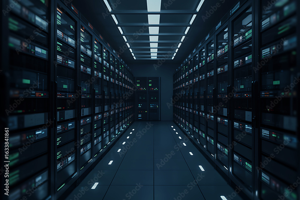 Poster perspective view of a dark data center aisle with illuminated server racks and floor lights server r