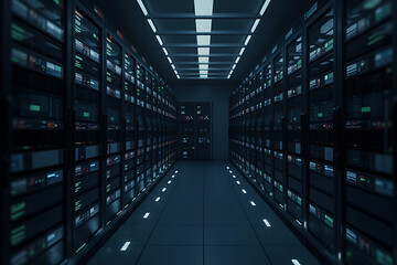 Perspective view of a dark data center aisle with illuminated server racks and floor lights server room