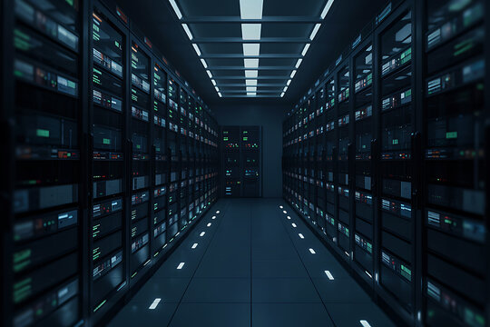 Perspective view of a dark data center aisle with illuminated server racks and floor lights server room