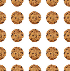 Seamless pattern of delicious chocolate chip cookies on a clean white background. Ideal for packaging, textiles, wrapping paper, and digital backgrounds.
