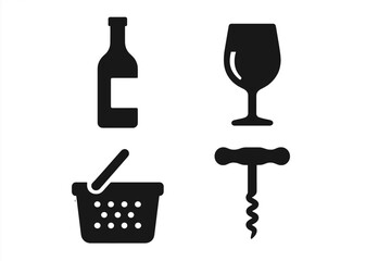 Wine icon set for shopping, bar, or restaurant menu. Simple solid glyphs of bottle, glass, corkscrew, and basket. Alcohol purchase, beverage essentials, grocery store items vector.
