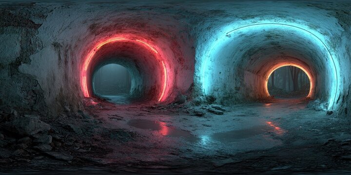Glowing neon circles frame tunnel entrances in a dark, damp subterranean passage