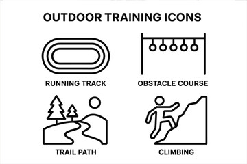 Outdoor training icons set, outline vector illustration: running track, obstacle course, trail path, climbing, fitness, activity, exercise, adventure, park, sports facility, recreation
