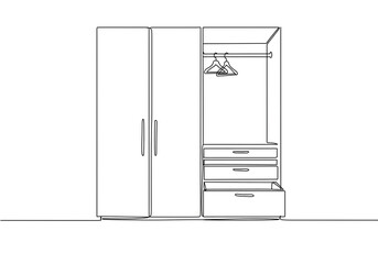 A minimalist line drawing of a wardrobe with doors, drawers, and hangers inside the closet
