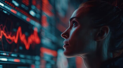 A woman analyzes data in a high-tech environment, illuminated by vibrant red and blue lights, showcasing innovation.
