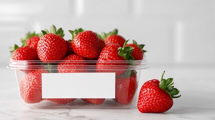 Fresh strawberries in a clear plastic container with a blank label mockup.
