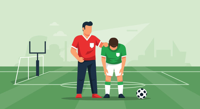 Coach Comforts Player After Disappointing Soccer Match Loss In Stadium