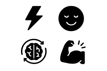 Power Nap Benefits Solid Icon Set: Energy Boost Lightning Bolt, Relaxed Happy Face, Cognitive Refresh Brain Cycle, Muscle Recovery Flex Arm, Fatigue Relief, Wellness, Health Vector Illustration