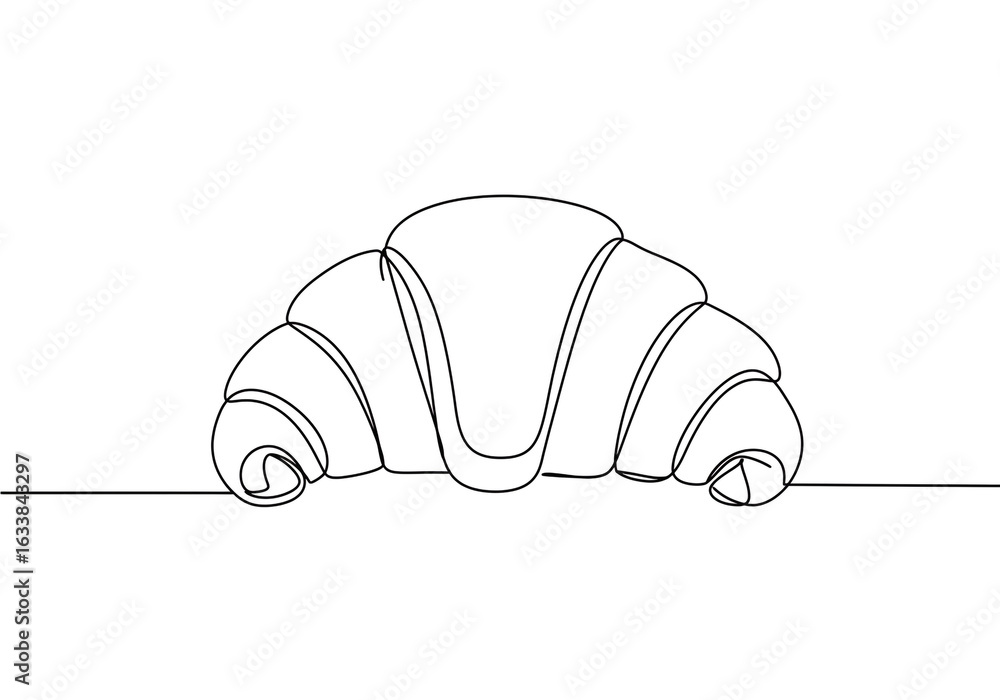 Poster a single line drawing of a croissant resting on a line against a plain white background space