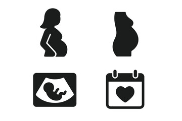 Pregnancy Icon Set Solid Filled Vector Illustrations of Pregnant Woman Baby Bump Ultrasound Calendar Heart Due Date Expecting Mother Symbols
