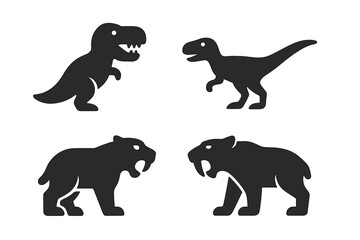 Naklejka premium Prehistoric Predator Silhouettes Vector Set. Solid Black Icons of T-Rex, Velociraptor, Saber-Toothed Tiger, Smilodon. Extinct Animal Symbols. Dinosaur and Ice Age Mammal Isolated Clipart Collection