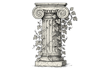 Ancient Greek Ionic Column with Ivy Vines, Hand Drawn Sketched Vector Illustration, Classical Architecture, Decorative Vintage Pillar, Botanical Overgrown Monument, Heritage Background, Ruins Design