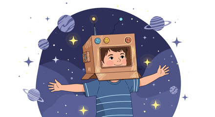 Fototapeta premium Dreaming Of Outer Space Boy With A Cardboard Astronaut Helmet Illustration