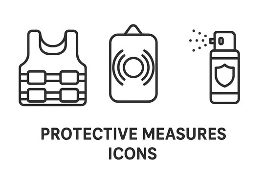 Protective measures vector icon set. Outline security equipment collection includes bulletproof vest, personal alarm panic button, pepper spray canister. Safety protection concepts illustration