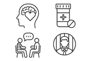 Mental Health Services in Prisons Vector Icons Set. Outline Illustrations of Prisoner Psychiatry, Medication, Therapy, Counseling, Inmate Support, Brain with Heart, Pill Bottle, Prisoner Behind Bars