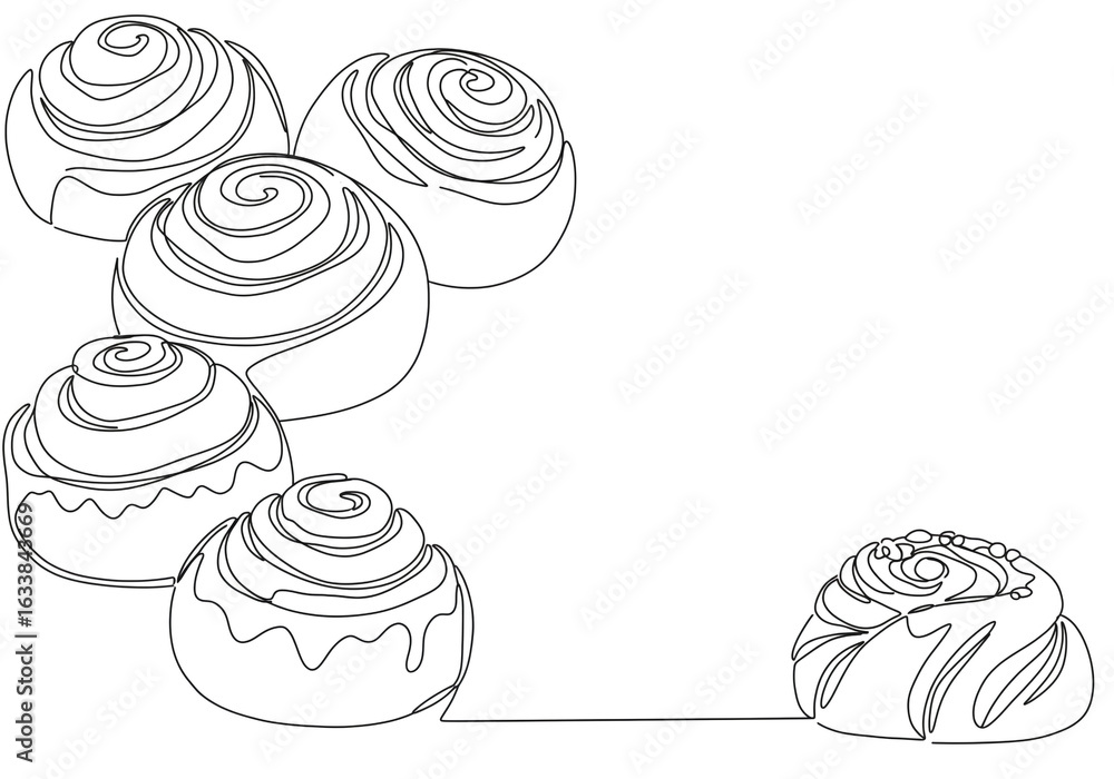 Poster a continuous line drawing of cinnamon rolls in a group and one separate on white background