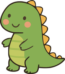 A cute cartoon green dinosaur with orange spikes, blushing cheeks, and a happy smile, standing on two legs with a transparent background.