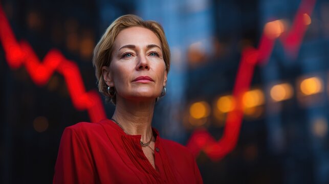 Confident woman in red shirt stands against stock market background, representing leadership and financial growth.