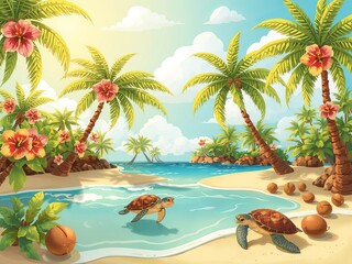 Tropical beach scene with palm trees, hibiscus flowers, turtles, and coconuts illustration