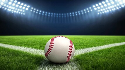 A close-up view of a baseball on a well-maintained field under bright stadium lights - Powered by Adobe