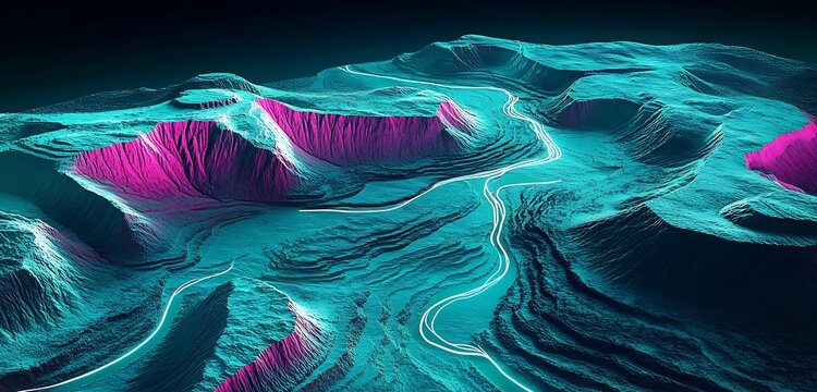 Futuristic terrain scanner mapping ancient river paths in teal and magenta contrast