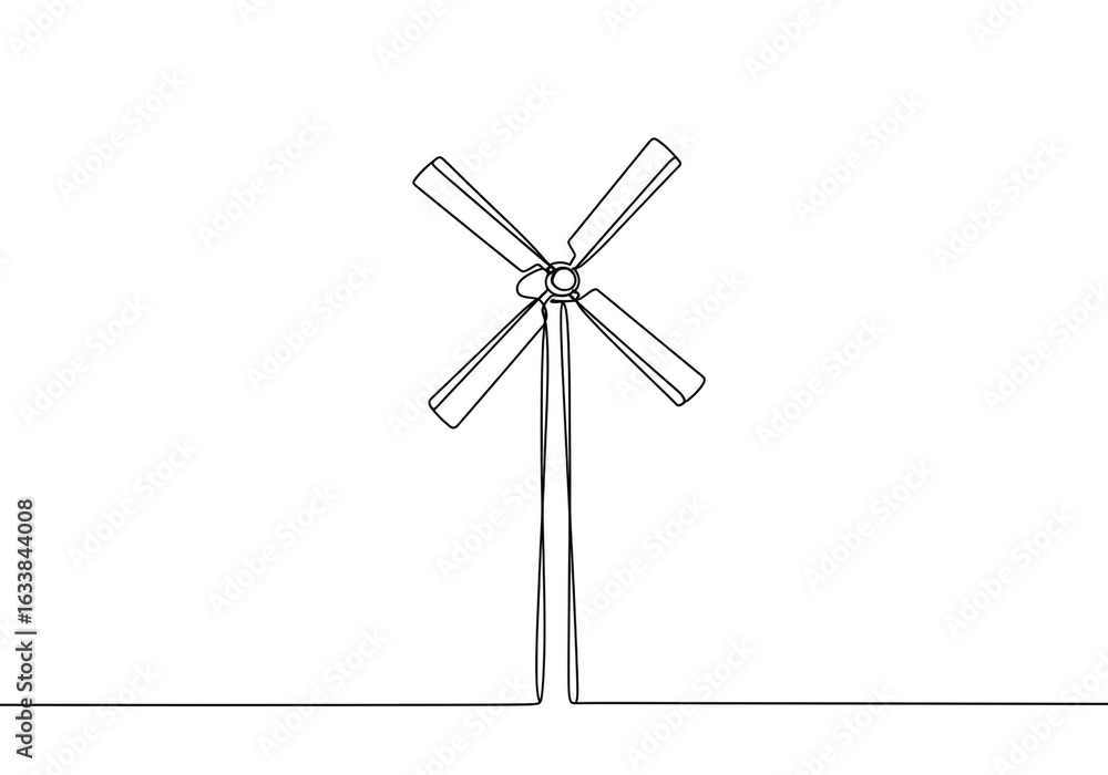Poster a minimal line drawing of a windmill with four blades on a white background in simple style