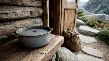 Metal pot on a rustic cabin porch with mountain view.