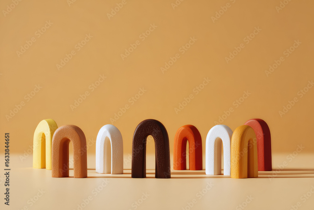 Poster minimalist clay arches in warm earth tones arranged in row on beige background, creating elegant and