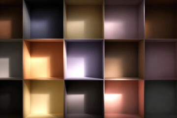 Geometric shelving unit with empty square compartments, subtle light and shadow, modern minimalist style, soft pastel colors, elegant and organized, abstract interior background