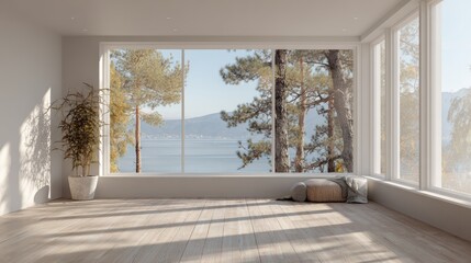 Spacious, modern living room with large windows showcasing a beautiful lake and nature view, perfect for relaxation.